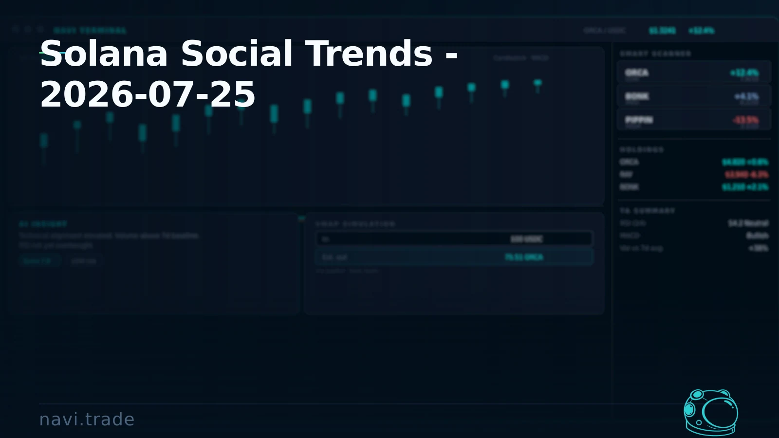 Solana Social Trends - 2026-07-25. NAVI article image featuring SOL, JUP, BONK, WIF, PYTH with invalidation, risk, signals, liquidity.