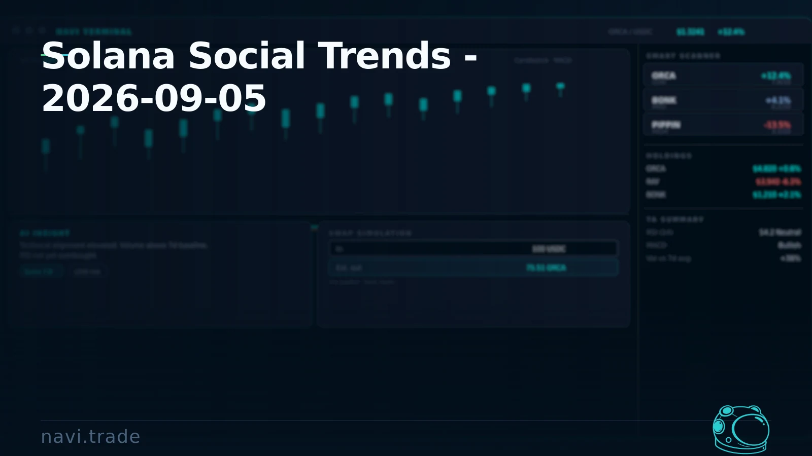Solana Social Trends - 2026-09-05. NAVI article image featuring SOL, JUP, BONK, WIF, PYTH with invalidation, risk, signals, liquidity.